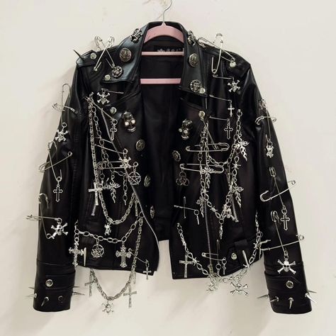 Black faux leather punk jacket 

Customised item... - Depop Customised Leather Jacket, Punk Jacket Ideas, Goth Battle Jacket, Punk Jacket Diy, Ripped Jeans With Fishnets, Jeans With Fishnets, Comfort Outfits, Goth Jacket, Punk Leather Jacket