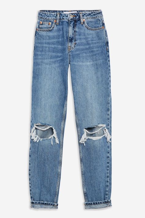 Mid Blue Double Knee Ripped Mom Jeans | Topshop Lederhosen Outfit, Mom Jeans Ripped, Topshop Mom Jeans, Ankle Grazer Jeans, Good Woman, Ripped Jeggings, Dark Grey Jeans, White Ripped Jeans, Rip Mom