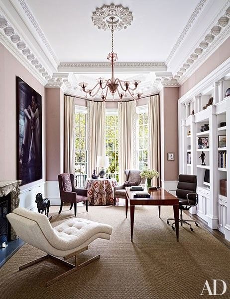 A Martin Eder photograph presides over the study of a Boston townhouse decorated by Wells & Fox; the 1930s Venini chandelier is from Doris Leslie Blau, the vintage chaise longue is a Milo Baughman design for Thayer Coggin, and the leather-bound sisal is by Stark | archdigest.com Contemporary Home Office, Luxury Office, Decoration Inspiration, A Living Room, Home Office Design, Architectural Digest, Modern Interior Design, 인테리어 디자인, Home Office Decor