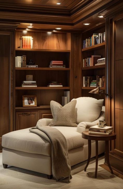 Old Money Library In House, Library Formal Living Room, Wood Library Room, Neutral Home Library, Old Money Bookshelf, Cozy Home Library Aesthetic, Craftsman Library, Home Library Design Cozy, Den Remodel Ideas