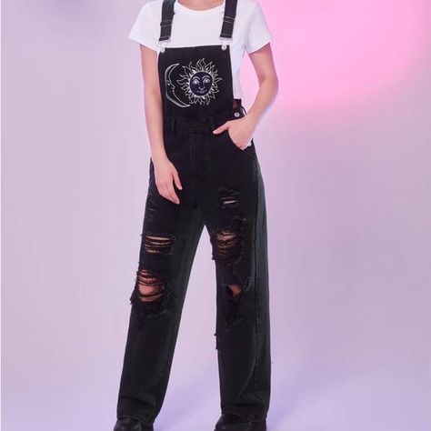 Denim Black Overalls. Grunge, Punk Denim Jumpsuit Bib Front, Sun And Moon. Nwt Wide Leg, Distressed Size Small, 30” Waist Side Buttons Overalls Grunge, Punk Denim, Distressed Overalls, Black Overalls, Jean Overalls, Grunge Punk, Overalls Women, Red Outfit, Sun And Moon