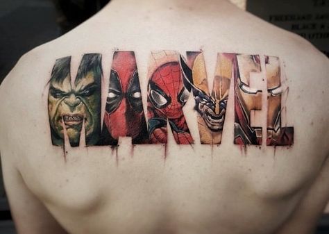 marvel-characters-hulk-deadpool-spider-man-wolverine-iron-man-back-small-watercolor-tattoo Tatoo 3d, Avengers Tattoo, Cool Back Tattoos, Unique Tattoos For Men, Upper Back Tattoos, Comic Tattoo, Marvel Tattoos, Full Back Tattoos, Back Tattoos For Guys