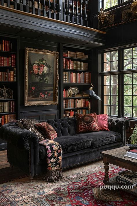 Dark Academia Living Room, Dark Cottagecore House, Dark Academia Interior, Library Corner, Dark Academia Home, Academia Bedroom, Cottagecore House, Victorian Living Room, Dark Home Decor