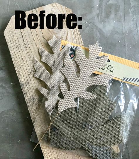 Burlap Leaves Sign, make a simple mini sign for fall using dollar store burlap leaves and scrap wood Dollar Tree Wood Leaf Diy, Dollar Tree Leaf Cutout, Dollar Tree Wooden Leaf Craft, Fall Signs Wooden Diy Dollar Tree, Fall Dollar Tree Diy Decor, Dollar Tree Acorn Sign, Burlap Leaves, Dollar Tree Fall Decor Diy, Upcycle Crafts