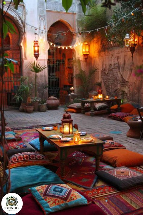 25 Perfect Home Outdoor Dining Ideas to Consider Moroccan Rooftop, Moroccan Garden Ideas, Moroccan Outdoor Decor, Moroccan Seating, Outdoor Dining Ideas, Moroccan Courtyard, Rooftop Ideas, Garden Brunch, Colorful Cushions