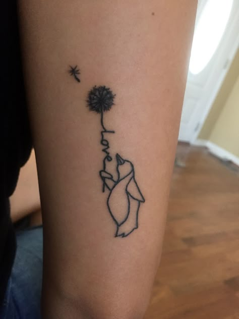 Penguin love dandelion tattoo Penguin And Flower Tattoo, Penguin Tattoo Small Couple, Tattoo Ideas Penguin, Small Penguin Tattoo Simple, Tiny Penguin Tattoo, Penguin Tattoo Couple, Simple Penguin Tattoo, Small Penguin Tattoo, Penguins Tattoo