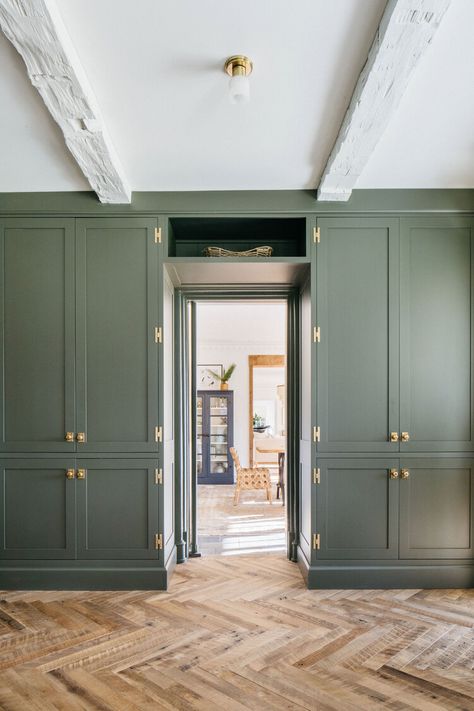 Green Foyer, Wood Beams Living Room, Green Mudroom, Mudroom And Pantry, Modern Rustic Cottage, Brick Herringbone Floor, Vineyard Cottage, Midwest Kitchen, Cabinets In Kitchen