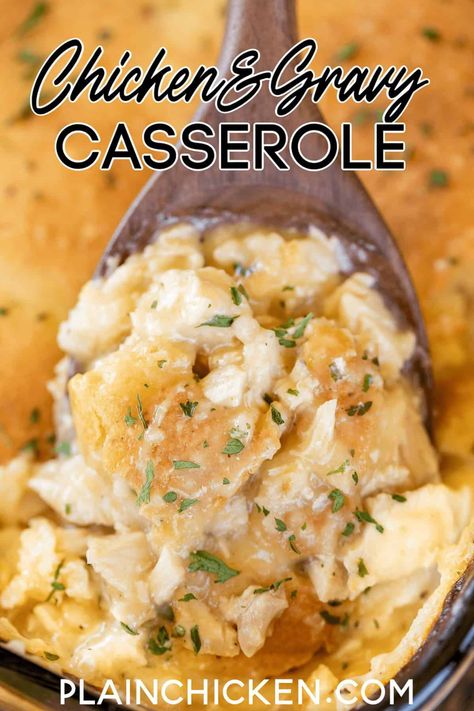 Chicken & Gravy Casserole - comfort food at its best! So simple and tastes AMAZING! Chicken, gravy mix, chicken broth, cream of chicken soup, flour, butter, buttermilk, and pepper. Can add frozen mixed vegetables to the casserole. Ready to eat in 30 minutes! This is definitely going in the dinner rotation! #chicken #casserole #comfortfood #rotisseriechicken Chicken Gravy Mix, Plain Chicken Recipe, Chicken Cobbler, Frozen Mixed Vegetables, Gravy Casserole, Chicken And Gravy, Chicken Casserole Easy, Amazing Chicken, Dinner Rotation