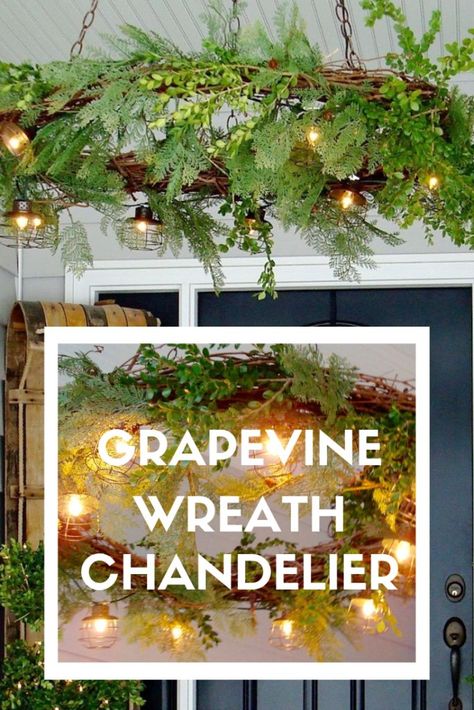 Grapevine Chandelier Diy, Christmas Wreath Chandelier Diy, Hanging Grapevine Wreath From Ceiling, Grapevine Wreath Chandelier, Diy Hanging Wreath Chandelier, Garland On Chandelier, Christmas Chandelier Ideas, Vine Crafts, Grapevine Ideas