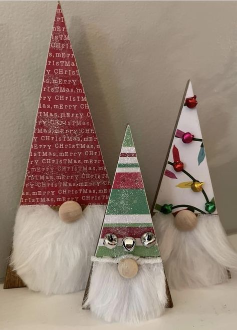 Triangle Scrap Wood Projects, Triangle Gnomes, Wood Triangle Gnomes Diy, Wood Christmas Gnomes Diy, Wooden Christmas Knomes, Triangle Wood Gnomes, Scrap Wood Gnomes Diy, Triangle Wood Scraps, Wood Triangle Gnome