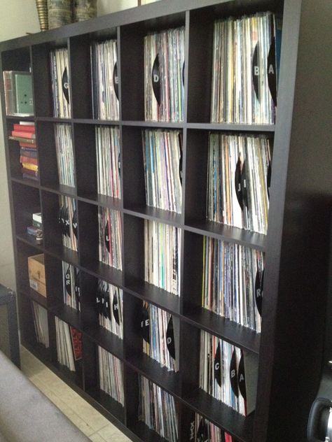 DIY Dividers for a Record Collection – To Travel is Better Than to Arrive Lp Shelves, Stereo Furniture, Records Shelf, Record Library, Records Display, Vinyl Organization, Vinyl Record Storage Diy, Vinyl Record Organization, Record Shelves