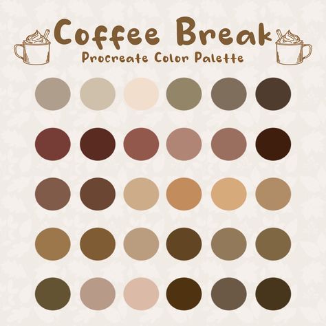 ☕ Procreate Coffee Break Color Palette! ✨ Download this dreamy digital palette & add cozy vibes to your art.  Perfect for fall & autumn illustrations. #procreate #digitalart #colorpalette #coffeelover #autumncolors #fallvibes #digitaldownload #procreatepalette #artpalette #artistsoninstagram Cafe Colors Palette, Coffee Aesthetic Color Palette, Skin Colors Digital Art, Color Palettes For Coloring, Color Palette For Oc, Coffee Pallete Color, Cafe Colour Palette, Colors That Go With Brown, Pallet Color Ideas