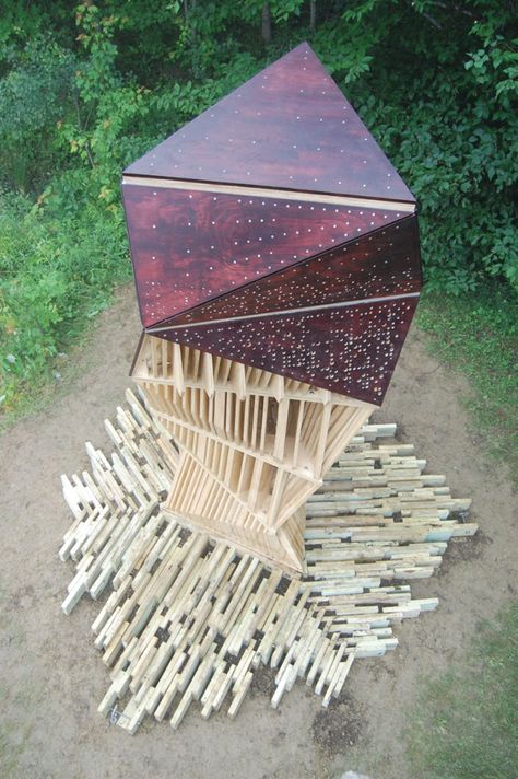 ants of the prairie bat tower in the griffis sculpture park, east otto, NY Bat Habitat, Environmental Sculpture, Bat House, Sculpture Exhibition, Shelter Design, Sculpture Park, Gothic Architecture, Sculpture Installation, Queen Quilt