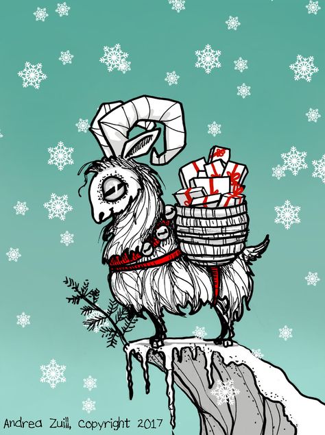 Yule Goat by Andrea Zuill, pen and ink drawing, digital coloring. Illustration Yule Drawings, Yule Tattoo, Yule Images, Yule Designs, Yule Illustration, December Collage, Christmas Goat Drawing, Dark Yule, Yule Goat Art