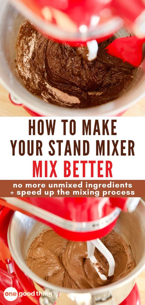 kitchen aid mixer combining ingredients unevenly then evenly with text overlay that reads how to make your stand mixer mix better Recipes Using Kitchenaid Stand Mixer, Kitchenaid Mixer Recipes For Beginners, Healthy Kitchenaid Mixer Recipes, Stand Mixer Decor, Kitchenaid Mixer On Counter, Kitchenaid Hacks, Kitchen Aid Mixer Cover, Kitchenaid Stand Mixer Recipes, Kitchenaid Stand Mixer Attachments