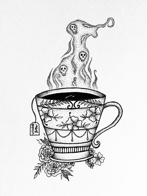 Witches Brew Tattoo, Ghost With Tea Cup Tattoo, Spooky Tea Cup Tattoo, Tea Cup Tattoo, Tea Cup Drawing, Witchy Tattoos, Coffee Cup Drawing, Tea Tattoo, Teacup Tattoo