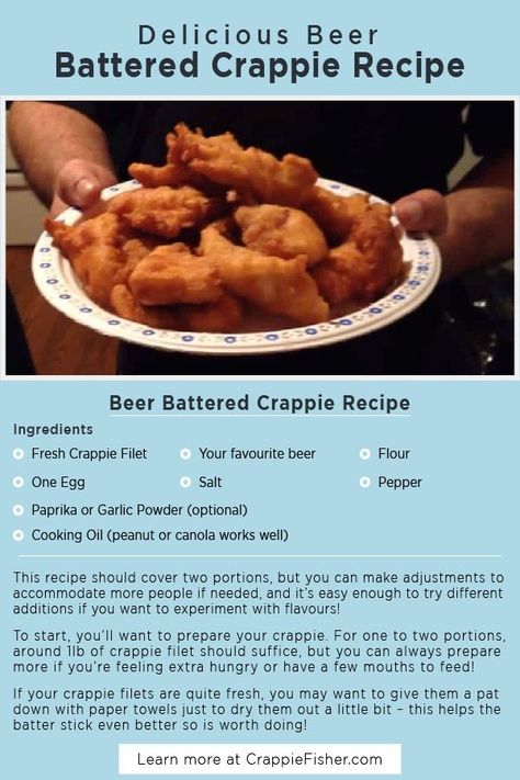 Beer Battered Crappie Recipe: Crappie recipe well worth trying when out fishing with your buddies is a beer battered crappie. It couldn’t be easier to make, and you can create the batter mix at home, pack in a container and take it with you so you can enjoy some beer battered crappie straight from the water. How To Cook Crappie Fish, Crappy Fish Recipes, Fried Crappie Fish Recipes, Lakehouse Food, Crappie Fish Recipes, Fried Crappie, Crappie Recipes, Crappie Recipe, Fish And Chips Batter