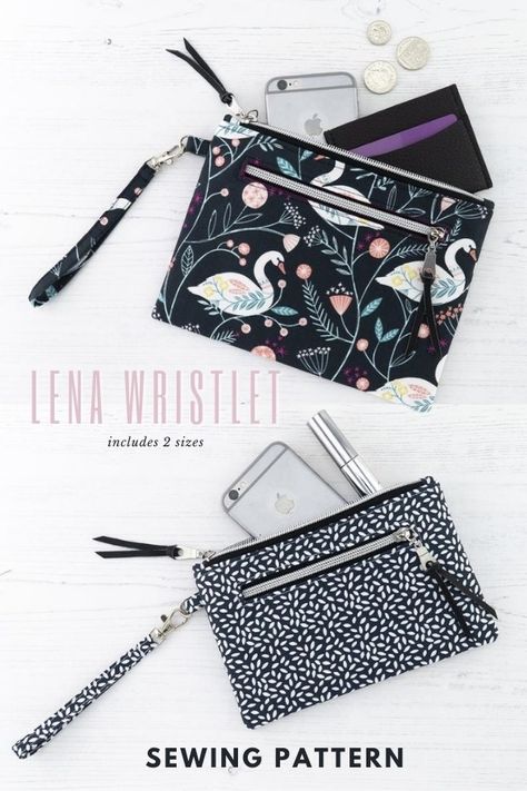 Lena Wristlet (2 sizes) sewing pattern. Sew your own wristlets in two sizes with this PDF sewing pattern. This cute wristlet bag has a top zipper closure and a handy zipper pocket on the outside too. The narrow wrist strap is designed to be removable so you can carry it as a clutch bag, or use the bag as a handy storage pouch at home. Easy wristlet clutch bag sewing pattern with zipper pockets. Molko Studios at SewModernBags. Wristlet Patterns, Clutch Bag Pattern, Sew Bags, Purse Sewing Patterns, Bag Sewing Pattern, Pattern Purse, Wristlet Bag, Modern Bag, Diy Bags Purses