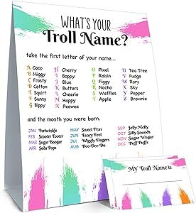 What's your Troll Name,1 Game Sign and 30 Name Stickers,Troll Theme Birthday Party Sign for Boys Girls,Kids Troll Activity Cards,Troll Activity Decoration Supplies,Holiday Activity Trolls Party, Decoration Birthday Party, Trolls Birthday Party, Troll Party, Fun Party Games, Theme Birthday Party, Game Themes, Decoration Birthday, Party Sign