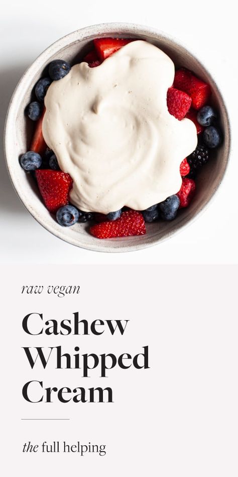 This raw vegan cashew whipped cream has a thick consistency that makes it perfect for serving with your favorite plant-based desserts. Perfect with pie or a tart, and also great as a topping for fresh fruit! #vegan #rawfood #plantbased Cashew Cream Dessert, Cream Desserts Recipes, Cheese Sauces, Cashew Cream Sauce, Cashew Recipes, Dairy Free Treats, Vegan Whipped Cream, Vegan Holiday Recipes, Recipes With Whipping Cream