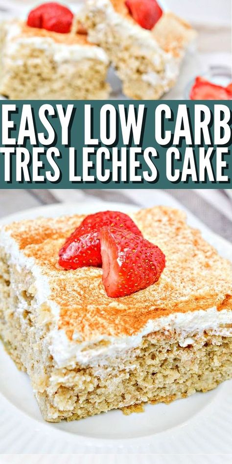 Easy Low Carb Tres Leches Cake - Learn how to make a classic Mexican dessert with low-carb ingredients. Low-carb tres leches cake is a rich, spongy cake. #lowcarb #Lowcarb #lowcarbdiet #lowcarbtreslechescake #ketocake #treslechescake #mexicandessert #mexicanrecipes #tresleches #baking #dessert #sugarfreedessert #food #recipes Protein Tres Leches Cake, Keto Mexican Dessert Recipes, Gf Tres Leches Cake, Low Carb Mexican Dessert, Low Carb Tres Leches Cake, Easy Keto Cake Recipes, Keto Mexican Dessert, Tres Leches Cake Healthy, Thm Cake Recipes