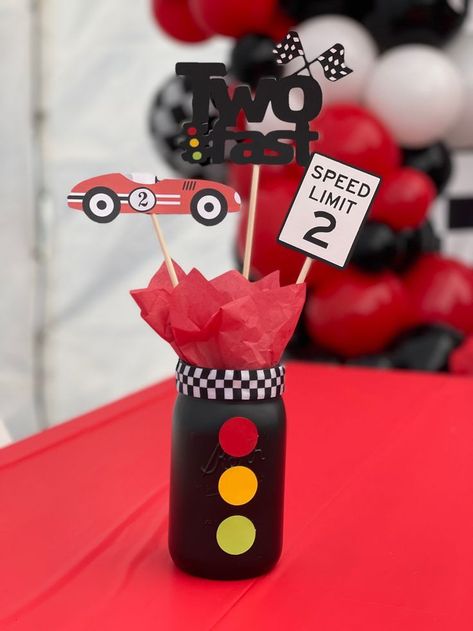 Racing Birthday Party Decorations, Diy Race Car Decorations, The Cars Birthday Party Ideas, Two Fast Decorations Ideas, Race Theme Centerpieces, 2nd Cars Birthday Party, Race Cars Theme Birthday Party, 2 Fast 2 Furious Birthday Centerpieces, Cara Theme Birthday Party