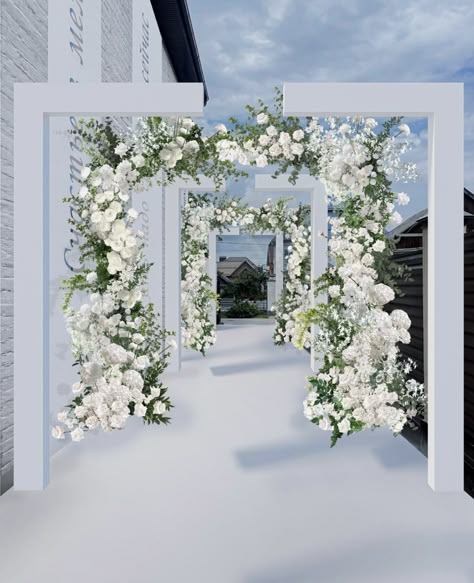 Aisle Arch Wedding, Wedding Entrance Flowers, Wedding Entrance Decor Walkways, Wedding Walkway Decor, Entrance Arch Wedding, Sangeet Entrance Decor, Event Planner Business Card Design, Wedding Entryway, Wedding Entry Table