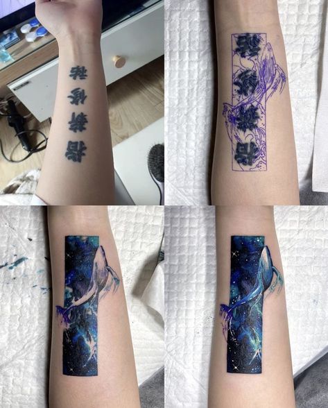 Chinese Symbol Cover Up Tattoo, Dark Floral Tattoo, Tatuaje Cover Up, Tattoo Cover Ups, Cosmic Tattoo, Dainty Tattoo, Wrist Tattoo Cover Up, Tattoo Gold, Tattoos To Cover Scars