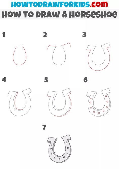 How to Draw a Horseshoe - Easy Drawing Tutorial For Kids How To Draw A Horse Shoe, How To Draw A Horseshoe, Horse Shoe Drawing Easy, How To Draw Western Things, Easy Western Drawings, Horseshoe Drawing, Horse Shoe Drawing, Western Painting Canvas, Cute Parking Spot Painting Ideas