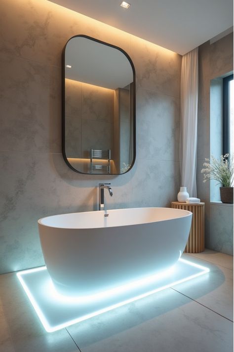 Modern bathroom with illuminated freestanding tub Modern Light Blue Bathroom, Floating Tub, Creative Lighting Ideas, Light Blue Bathroom, Modern Bathroom Tile, Modern Bathroom Lighting, Freestanding Tub, Bright Ideas, Modern Light