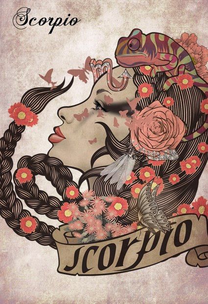 Change the chameleon to a scorpion, the flower to a chrysanthemum and get rid of the butterfly...maybe make her a blonde too. Would love it. Scorpio Art, Astrology Scorpio, Scorpio Women, Scorpio Girl, Scorpio Love, Zodiac Signs Scorpio, Scorpio Season, Scorpio Sign, Scorpio Woman