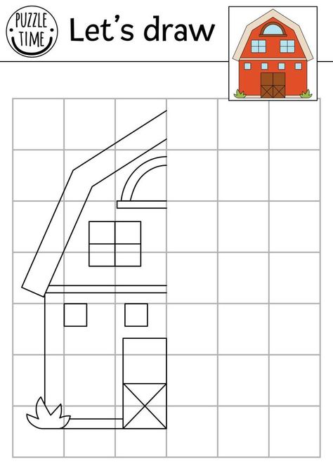 Complete the barn picture. Vector on the farm symmetrical drawing practice worksheet. Printable black and white activity for preschool kids. Copy the picture rural country game with shed Shed Drawing, Symmetrical Drawing, Art Craft For Kids, Activity For Preschool, Printable Black And White, Barn Pictures, Vector Sketch, Drawing Practice, Preschool Kids