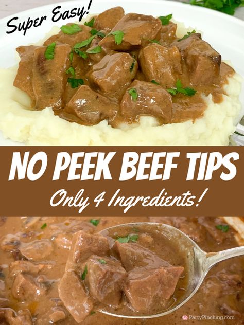 No peek beef tips, best easy no peek beef tips, 4 ingredient recipe meal beef tips, easy no prep meals, dump and go meals, easy comfort food beef tips, easy family kid friendly meals, 5 minute prep meals Beef Tips And Pasta, No Peak Steak Tips Oven, Beef Tips In Oven Recipes, No Peel Beef Tips, No Peek Beef Tips And Gravy, Beef Tips Stove Top Easy, Baked Beef Tips Oven, No Peak Steak Tips, Meals For People With No Teeth