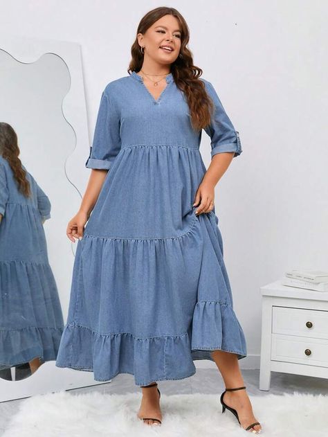 Plus Size Denim Dress, Vietnam Clothes, Denim Dresses Online, Notched Neckline, Plus Size Denim, Denim Dresses, Jumpsuit Elegant, Layer Dress, Favorite Dress