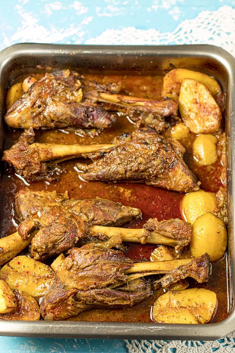 Greek Lamb & Potatoes in the Oven (kokkinisto) Greek Lamb Shanks, Goat Dishes, Lamb Chops Oven, Greek Lamb Recipes, Roasted Lamb Shanks, Dimitras Dishes, Potatoes In The Oven, Lamb Shank Recipe, Cypriot Food