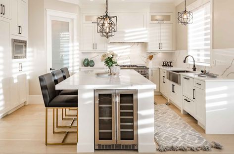 Island Kitchen Layout: 20+ Design Ideas and Tips - Kitchen Cabinet Kings Timeless Kitchen Cabinets, Wood Storage Shelves, Beverage Fridge, Fridge Shelves, Kitchen Updates, Kitchen Layouts, Kitchen S, Kitchen Colour Schemes, Timeless Kitchen