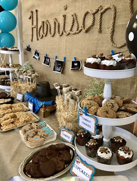 Western Themed Baby Shower for Baby Harrison! Boot Theme Party, Cowboy Themed Baby Shower Ideas Food, Rodeo Theme Dessert Table, Cowboy Birthday Food Ideas, Cowgirl Theme Party Food, Diy Western Cake, Cowboy Baby Shower Food Ideas, Western Shower Ideas, Last Rodeo Baby Shower Ideas