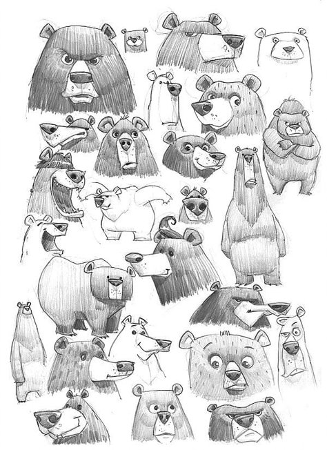 Bear Character Design, Bear Sketch, Sketches Doodles, Animal Caricature, Bear Illustration, Cartoon Sketches, Animal Sketches, Cartoon Character Design, Illustration Sketches