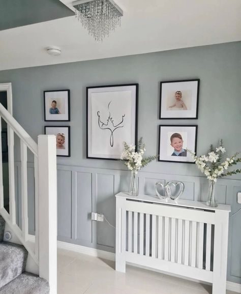 Best panelling ideas for your hallway – Style your Sanctuary Grey Hallway Panelling Ideas, Panelled Wall Hallway, Stair Panelling Ideas Modern, Hallways Panelling, Stair Panelling Colour Ideas, Hallway Ideas Blue, Hallway Wall Color Ideas, Grey Panelling Hallway, Hallway Cladding