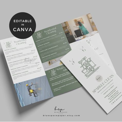 Cleaning Business Brochure | Professional Trifold Canva Template Promote your cleaning services with our Cleaning Business Brochure. This customizable trifold Canva template is perfect for commercial and residential cleaning companies. Create professional marketing materials to attract and inform clients effortlessly. Enhance your marketing efforts with a polished and professional brochure today! [INSTANT DOWNLOAD] ▶ This is a DIGITAL ITEM, INSTANTLY CUSTOMIZABLE VIA CANVA (FREE). NO PHYSICAL IT Cleaning Business Marketing, Cleaning Brochure, Cleaning Flyers Template, Window Cleaning Flyer Template, Cleaning Business Flyers, Cleaning Service Brochure, Cleaning Flyers, Cleaning Service Flyer, Pamphlet Template