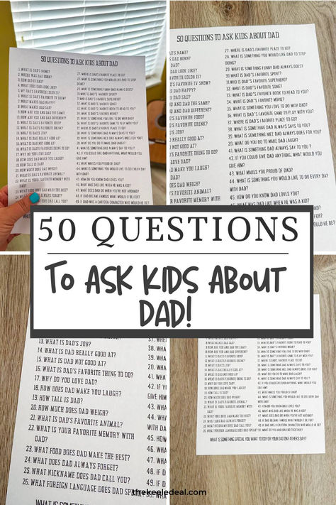 Grab this printable list of Father's Day interview questions to ask your kids this Father's Day. Questions To Ask Kids About Dad, Birthday Interview Questions, Questions To Ask Kids, Questions To Ask Your Kids, 50 Questions To Ask, Birthday Interview, Therapy Questions, Interview Questions To Ask, 50 Questions