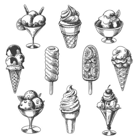 Vintage ice cream sketch objects, hand drawn ice creams pie and stick, vanilla cone and sundae bowl desserts, vector illustrations. Ice Cream Sketch, Dessert Tattoo, Ice Cream Tattoo, Draw Ice Cream, Ice Cream Illustration, Ice Cream Art, Ice Cream Set, Food Sketch, Vintage Ice Cream