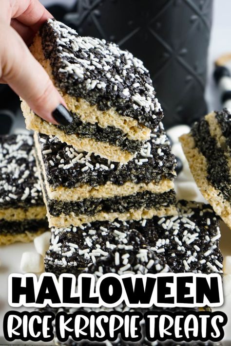 These fun Halloween Rice Krispie treats are a fun Halloween version of the Rice Krispie marshmallow squares. With a fun layered look and contrasting black and white stripes, they're perfect for a Jack Skellington or Beetlejuice themed celebration and will look terrific on your Halloween party table! Marshmallow Dessert, Marshmallow Squares, Halloween Rice Krispie Treats, Marshmallow Desserts, Types Of Cereal, Halloween Party Table, Cereal Treats, Cup Of Rice, Yellow Foods