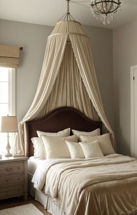 Create a charming and cozy aesthetic by adorning your walls with fairy lights and hanging a dreamy canopy above your bed. Complete the look with plush velvet pillows and a vintage-inspired vanity table for a touch of elegance. Vintage Canopy Bed Aesthetic, Above Bed Canopy, Mauve Bedding, Inspiring Room Decor, Cream Room, Bedroom Aesthetics, Elegant Bedding, Old Room, Bed Canopy