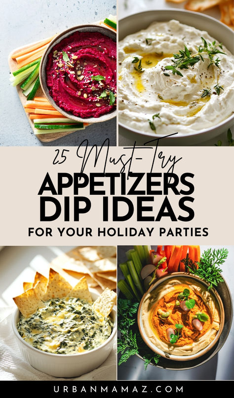 Appetizer Dips for Your Holiday party Seven Layer Dip Recipe Easy, Dips For Holiday Party, Different Dips Appetizers, Festive Dips Appetizer Recipes, Fun Dip Recipes, Dips Giving, Dips For Focaccia, New Years Eve Veggie Tray, New Year’s Eve Appetizer Dips