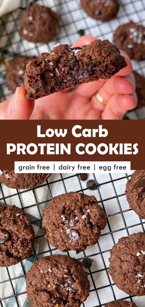 These low carb protein cookies are made with chocolate protein, cacao powder and almond butter. They're low in sugar, grain free, dairy free and egg free. A healthy paleo dessert recipe that's easy to make! #proteincookies #paleocookies #bonebroth #eggfreecookies Chocolate Protein Cookies, Protein Breakfast Cookies, Cacao Powder Recipe, Healthy Paleo Desserts, Protein Powder Cookies, Paleo Protein Powder, High Protein Cookies, Low Calorie Protein, Protein Baking