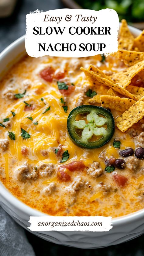 Slow Cooker Nacho Soup New Taco Soup, All Day Crockpot Meals Dinners, Slow Cooker Creamy Taco Soup, Crockpot Soup Easy Cheap, Nacho Crockpot Recipe, Easy Weeknight Soup Recipes, Soups With Pulled Pork, Nacho Soup Crockpot, Taco Crockpot Soup