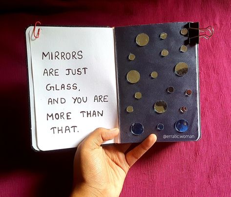 Art journals Mirror Journal Ideas, Diary Aesthetics, Muslim Emoji, Simple Journal, Mini Art Journal, Journal Inspiration Writing, Bullet Journal Paper, Bulletin Journal Ideas, Doodle Art Journals