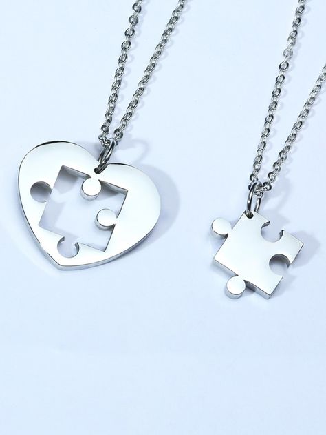 Silver Fashionable   Stainless Steel  Pendant Necklaces Embellished   Jewelry Puzzle Piece Necklace, Fashion Accessories Trends, Heart Puzzle, Lovers Necklace, Shape Puzzles, Heart Shaped Necklace, Couple Necklaces, Couple Jewelry, Puzzle Pieces