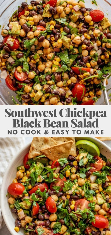 This Southwest Chickpea Black Bean Salad comes together in 15 minutes with a delicious zesty chili lime vinaigrette. Easy to make and prep for the week ahead! Chili Lime Bean Salad, Bean Salad With Cilantro, Southwestern Black Bean Salad, Vegetarian Chickpea Salad, Bean Salads Healthy Easy, Black Bean Garbanzo Salad, Southwest Dense Bean Salad, Chickpea Taco Salad, Southwest Black Bean Salad